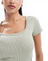 Hollister square neck ribbed t-shirt in green Wüstensalbei, XXS - 2XS - фото #3