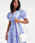 Фото #6 товара Women's Printed Cotton Zip-Front Puff-Sleeve Dress, Created for Macy's
