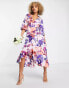 Liquorish satin wrap midi dress with puff sleeve in overscale floral print