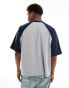 Фото #2 товара ASOS DESIGN oversized boxy raglan t-shirt with navy contrast sleeves in grey marl