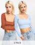 Daisy Street basics 2 pack wide scoop neck crop top in soft blue and chocolate