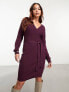 Vero Moda wrap belted long sleeve knitted mini dress in burgundy