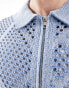 ASOS DESIGN knitted crochet zip through collared cardigan in blue