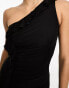 Flounce ruched mesh maxi dress with frill detail in black