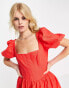 Фото #3 товара ASOS DESIGN corset linen mini skater dress with puff sleeve in red