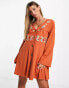 Фото #4 товара ASOS DESIGN long sleeve button down waisted mini dress with floral embroidery in rust