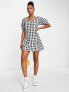 Фото #1 товара Monki mini smock dress with puff sleeves in monochrome gingham