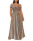 Фото #2 товара Plus Size Draped Off-The-Shoulder Metallic Gown
