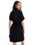 Pieces Tall tie waist linen mini shirt dress in black