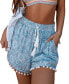 ფოტო #1 პროდუქტის Women's Blue Boho Tassel Tie Pom-Pom Hem Shorts