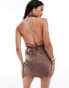 Фото #2 товара ASOS DESIGN satin cowl neck mini dress with tie waist in brown