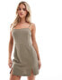 Miss Selfridge linen strappy split hem mini dress in khaki Зеленый, 34 - фото #4