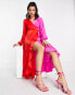 Flounce London satin balloon sleeve ruffle midi dress in contrast pink and red