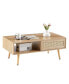 Rattan Coffee Table, Sliding Door For Storage, Solid Wood Legs, Modern Table For Living Room