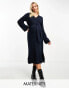 Mamalicious knitted wrap midi dress in navy blue