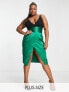 Фото #1 товара Collective the Label Curve exclusive plunge ruched waist midi dress in emerald