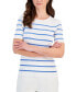 Women's Striped Round-Neck Short-Sleeve Sweater Top Ivory/Summer Sky, S - фото #1