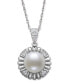 ფოტო #1 პროდუქტის Cultured Freshwater Button Pearl (10mm) & Lab-Created White Sapphire (1/2 ct. t.w.) Flower 18" Pendant Necklace in Sterling Silver