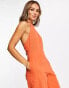 ASOS DESIGN twill strappy halter neck jumpsuit with wide leg in rust