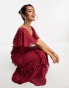 Фото #4 товара ASOS DESIGN flutter sleeve ruffle maxi dress with cut out detail in textured spot in dark red