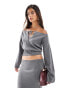 Фото #1 товара SNDYS knit off shoulder tie detail top co-ord in grey