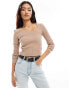 Фото #2 товара YAS asymmetric neck long sleeve knitted top in beige - BEIGE