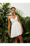 V Yaka Dantel Beyaz Kısa Kadın Elbise 3sal80040ıw