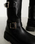 Stradivarius tall biker boot with buckle detail in black