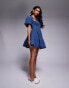 Фото #3 товара ASOS LUXE denim puff sleeve corsetted mini skater dress in blue dark wash