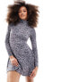 Miss Selfridge high neck fit and flare dress in grey animal print