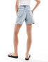 Pull&Bear high waisted raw hem longline denim shorts in light blue Синий, 36 - фото #2