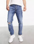 Фото #4 товара HUGO 634 distressed knees tapered fit jeans in mid blue