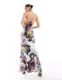 ASOS DESIGN satin halter maxi dress with shaped back detail in overscale floral print