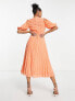 ASOS DESIGN Petite high neck pleated chevron dobby midi dress with puff sleeve in coral