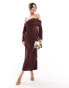 Фото #2 товара ASOS DESIGN satin bardot layered midi dress with long sleeves in wine