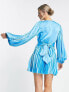 Фото #3 товара In The Style x Billie Faiers exclusive satin pleated belt detail mini skater dress in blue