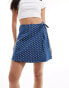 Pieces denim wrap skirt in mid blue with heart print