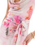 ASOS DESIGN cowl drape mini dress with corsage train detail in pink floral print