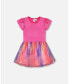 Фото #1 товара Платье для малышей Deux Par Deux Шелковое платье с рифленым и сетчатым материалом, фуксия с принтом радужного сердца.