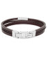 Men's Multi-Strand Silver-Tone Steel and Brown Leather Bracelet