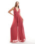 ASOS DESIGN button front plunge wide leg jumpsuit with contrast satin detail in dark pink