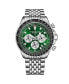 Men's Watch with Japan Chrono Movement, Silver Stainless Steel Case, Green Dial, Black/Rose Bezel Stainless Steel beaded bracelet