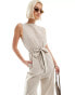 Monki linen sleeveless jumpsuit with tie belt detail in beige