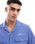 ASOS DESIGN boxy relaxed revere stripe shirt with chest embroidery in blue