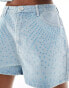 Фото #2 товара Kyo The Brand denim diamante shorts in light blue wash