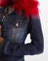 COLLUSION Y2K wash cropped denim jacket co-ord with detachable red fur trim in dark blue