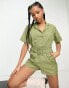 Фото #1 товара Miss Selfridge linen look belted utility playsuit in khaki