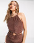 Unique 21 ring detail high neck towelling beach dress in brown