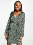 Фото #5 товара Monki satin wrap mini dress in green swirl