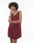 Topshop jacquard lace trim mini slip dress in burgundy Бордовый, 34 - фото #1